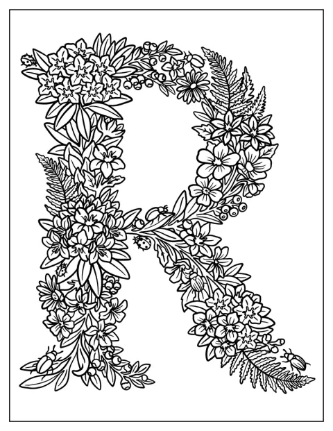 Fiori realistici decorano i contorni di una grande lettera R.