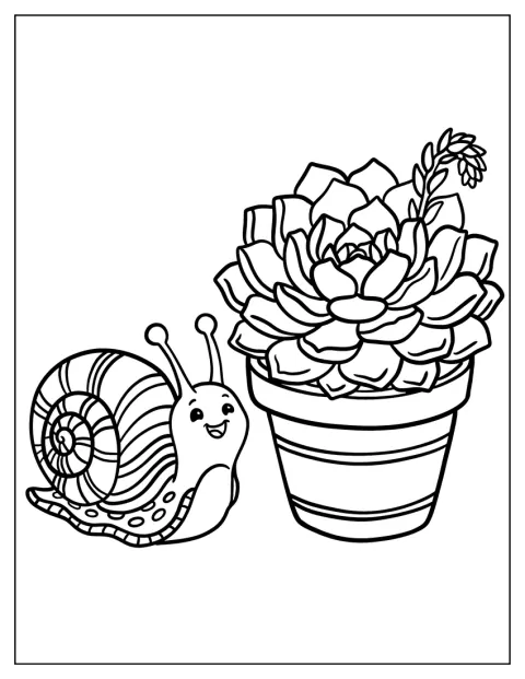Egy csiga mászik a virágzó kövirózsa mellett.