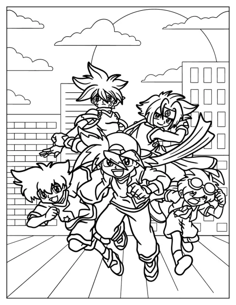 Tyson, Max, Kai, Ray y Kenny aparecen juntos en una escena de Beyblade V Force.