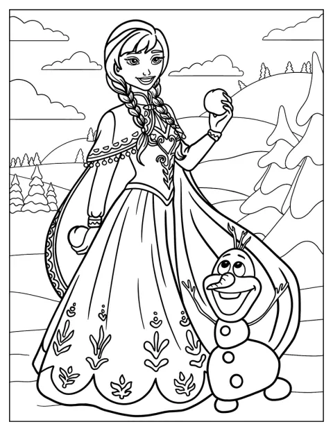 Anna sonríe mientras sostiene una bola de nieve junto a Olaf.