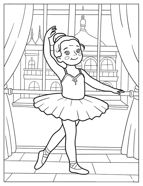 Een ballerina oefent aan de barre en kijkt uit op een theaterraam.