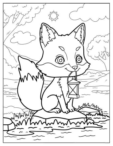 Ein Cartoon-Fuchs hält eine Lampe im Maul.