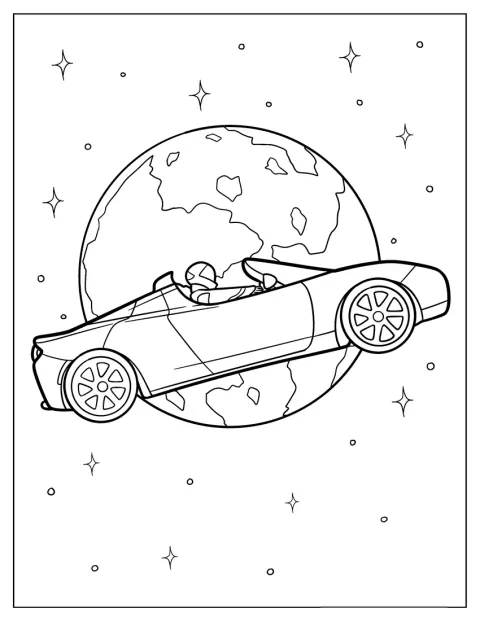 Um Tesla Roadster flutua no espaço, rodeado por estrelas.