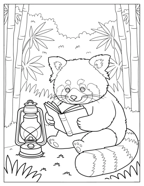 レッサーパンダがランプのそばで、本を読んでいます。