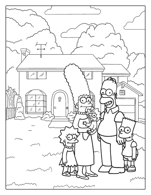 De Simpsons staan met elkaar voor hun huis.