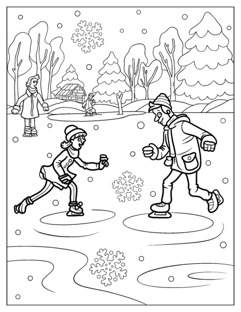 Des personnes patinent sur une étendue glacée en hiver.