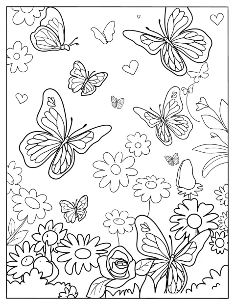 Au printemps, des papillons virevoltent au-dessus d’un parterre de fleurs.