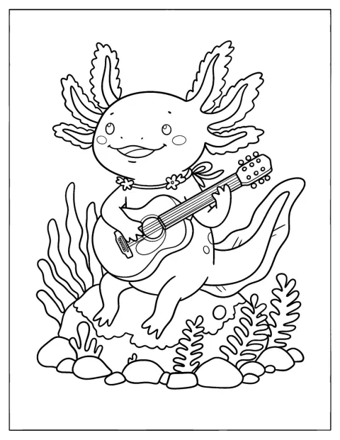 En axolotl spelar gitarr på en sten under vattnet.