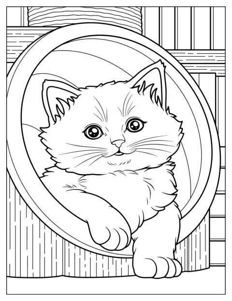 Un gatito peludo asoma la cabeza desde su cama.
