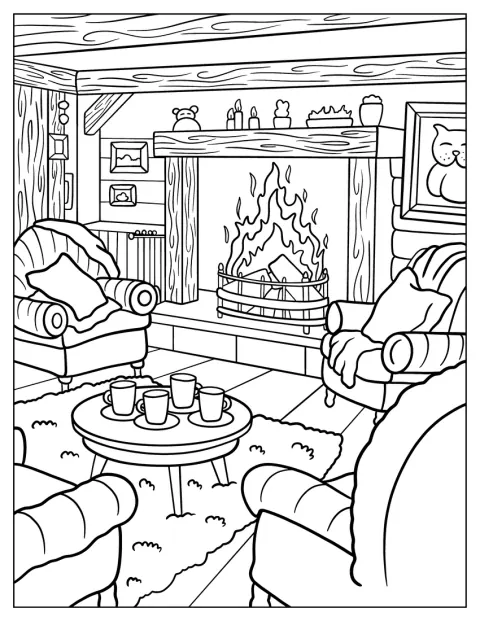 Des fauteuils et des tasses entourent la cheminée dans un salon chaleureux.