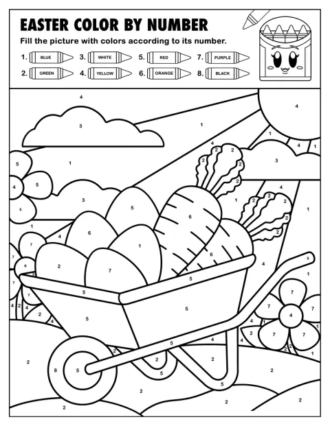 Une brouette remplie de carottes et d’œufs de Pâques se prête au coloriage par numéros.
