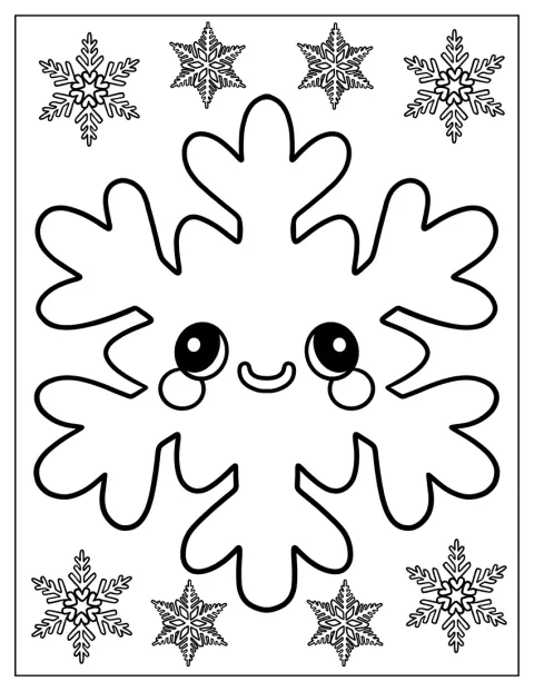 Et chibi-snefnug med store øjne og rødmende kinder smiler.