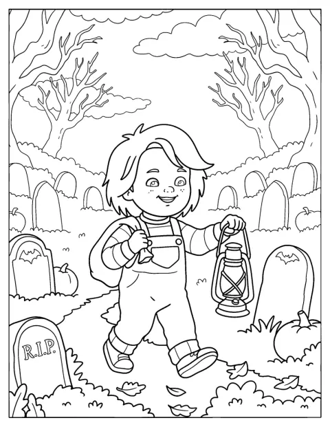 Chucky Coloring Page Holding a Lantern in a Cemetery