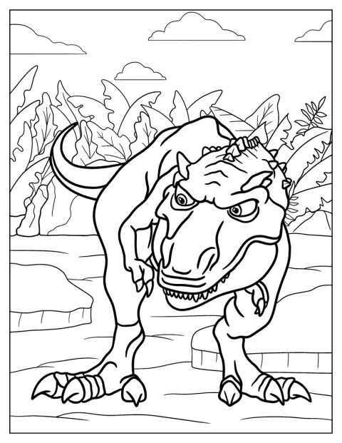 Um dinossauro detalhado está de pé, com a cauda estendida.