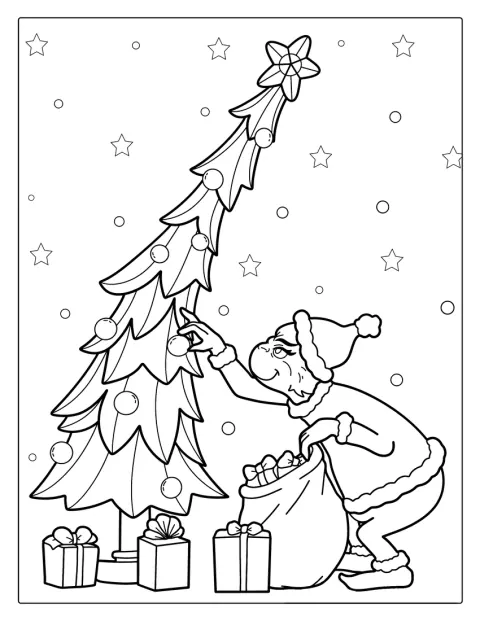 Grinch sniker seg av gårde med gaver og pynt fra juletreet.