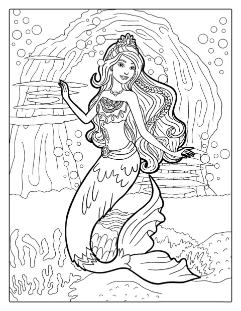 Mermaid Barbie In Ocean Coloring Sheet