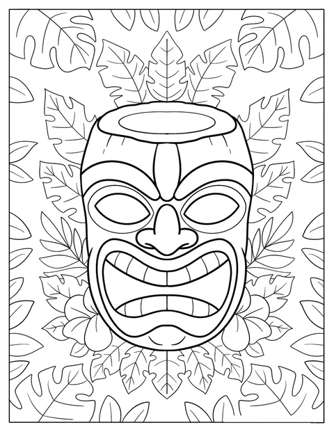 Una máscara tiki con diseño de cuenco de coco destaca entre hojas tropicales.
