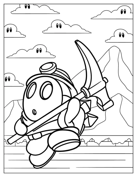 Shy Guy, vestito da minatore, tiene un piccone in mano.