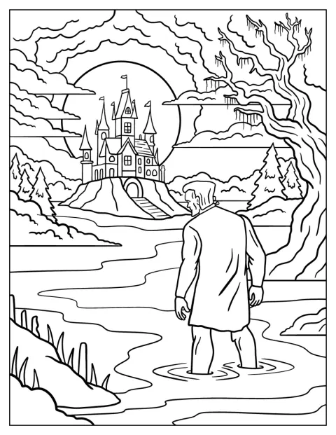 Debout dans l’eau peu profonde, Frankenstein contemple un château.
