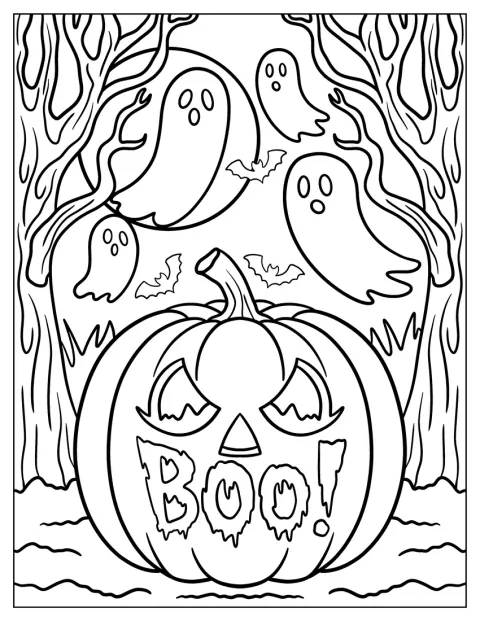 Über einem Kürbis mit „Boo!“-Schriftzug schweben kleine Geister.