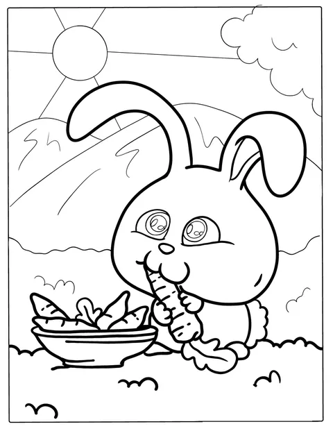 Ein Cartoonhase frisst Karotten aus einer Schüssel.