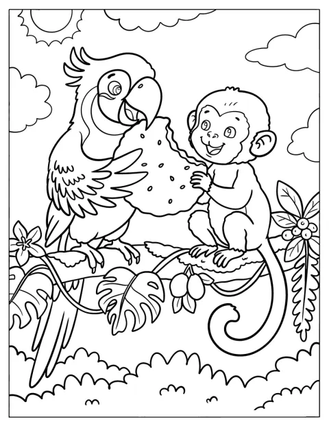 En vennlig ara deler en kjeks med en ape.