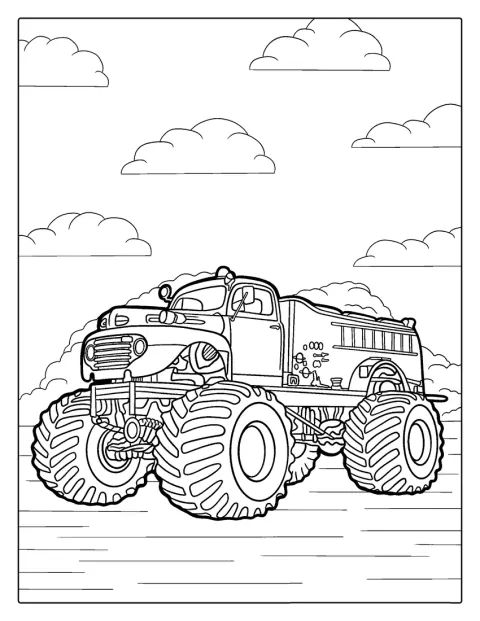 Een monstertruck met vlammen staat klaar om te racen.