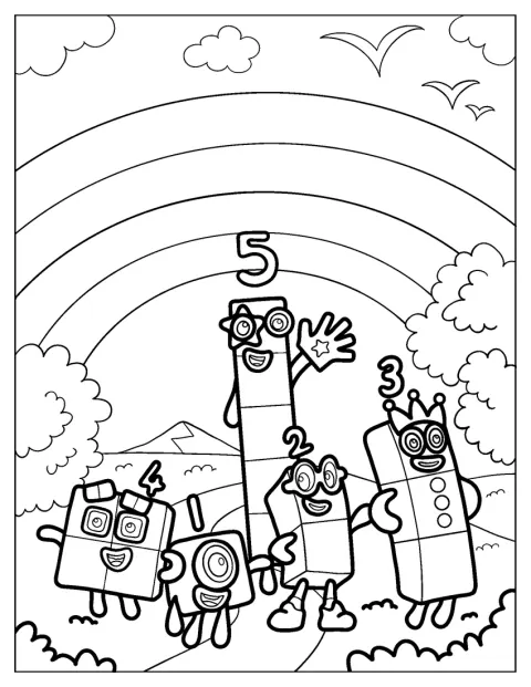 Los Numberblocks del 1 al 5 están en la naturaleza, junto a un arcoíris.