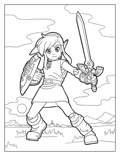 Link sostiene su escudo y su espada, preparado para la aventura.