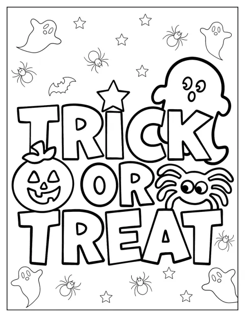 Un fantasma, una calabaza y una araña decoran las palabras «truco o trato».