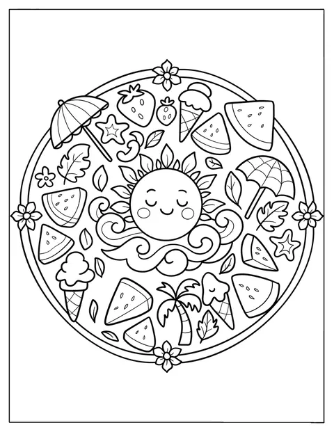 Sole sorridente, fette d'anguria e gelato decorano un mandala estivo.