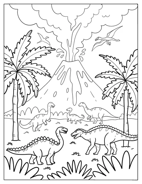 Lava sprøjter fra en vulkan omgivet af dinosaurer og jungleplanter.