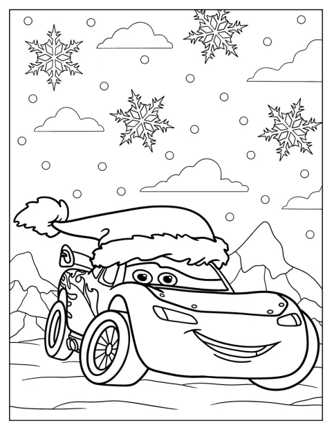 Rayo McQueen acelera en invierno con un gorro de Navidad.