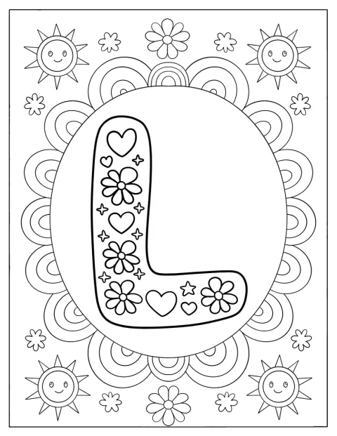 Herzen, Blumen und funkelnde Sterne verzieren den Buchstaben L.