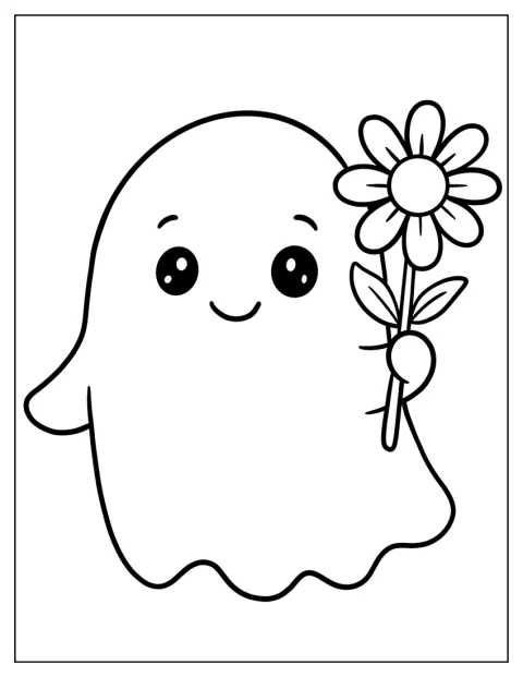 Un fantasma sorridente tiene un fiore tra le mani.