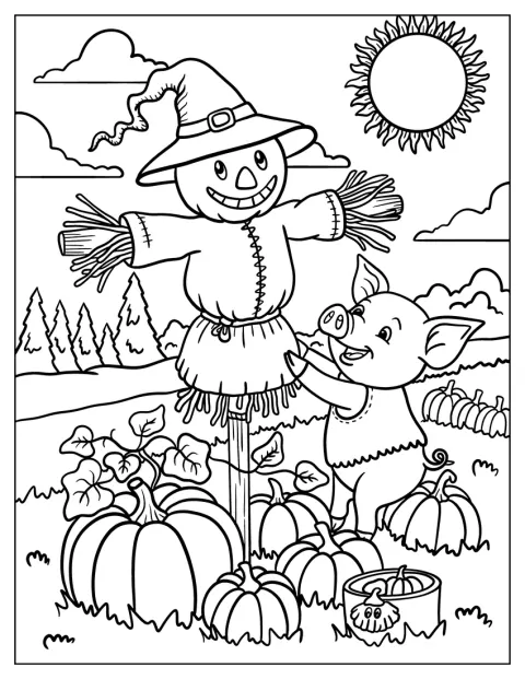 An einem sonnigen Tag stopft ein Schwein eine Vogelscheuche aus.