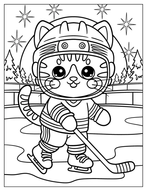 Um gato adorável, com equipamento completo, participa num jogo de hóquei no gelo.
