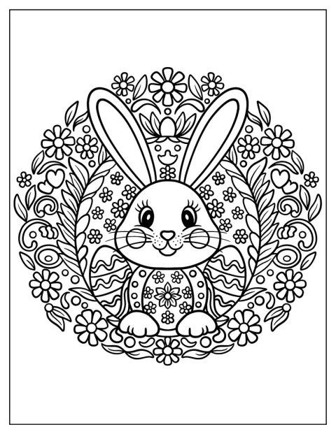 Un conejo sonriente está rodeado por los dibujos de un mandala de Pascua.