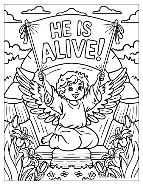 Um anjo segura uma faixa com a mensagem «Ele está vivo».