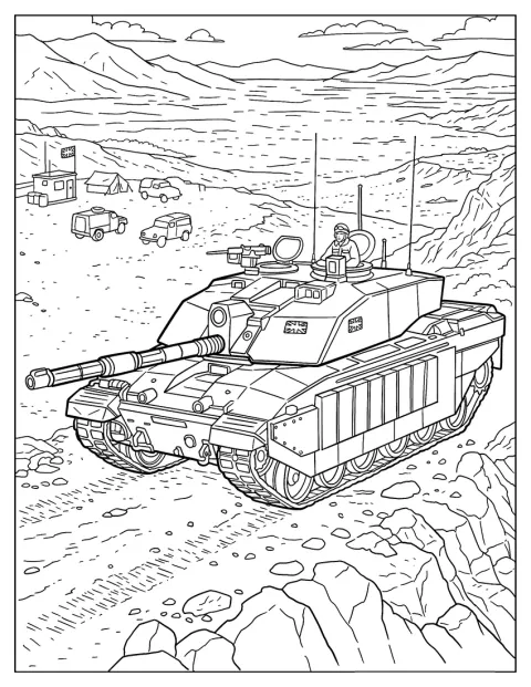 Ein Militärpanzer fährt durch ein felsiges Trainingsgebiet in den Bergen.