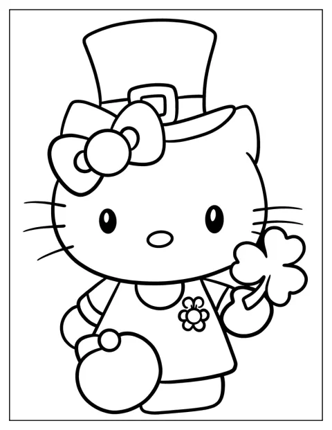 Hello Kitty porte un costume de leprechaun et tient un trèfle.