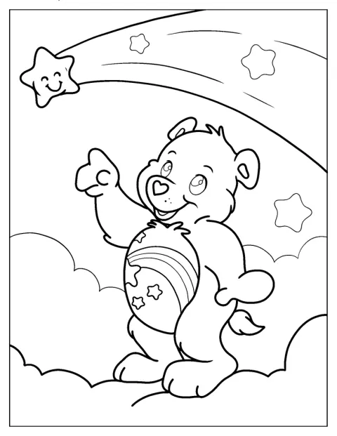 Wish Bear arată spre o stea căzătoare.