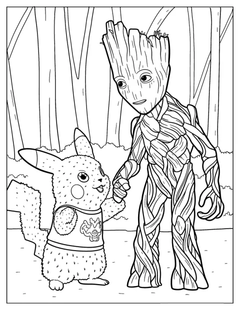 Pikachu lleva a Groot de la mano por un bosque.