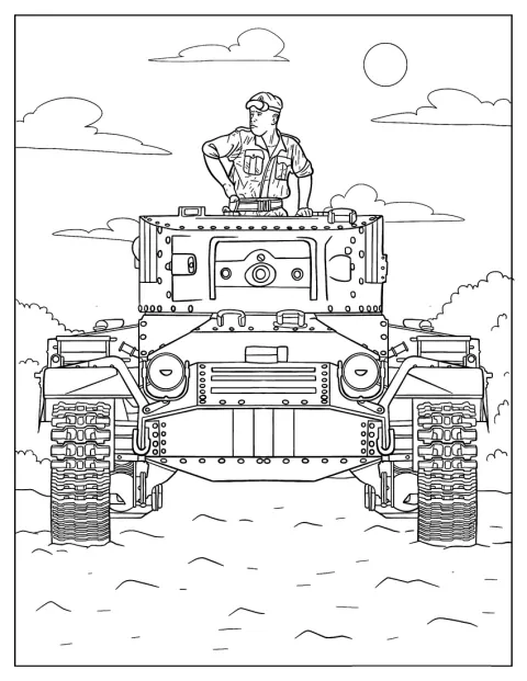 兵士が軍用戦車の上部から外へ出ようとしています。