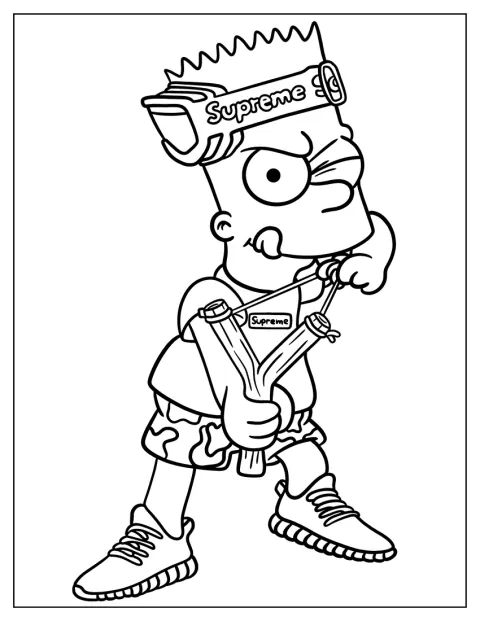 Bart Simpson, vestido com roupa Supreme, aponta a fisga.