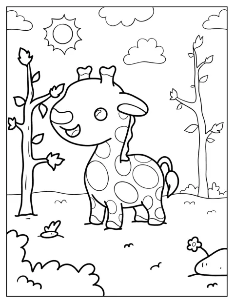 En söt liten giraffunge står och tittar fram.