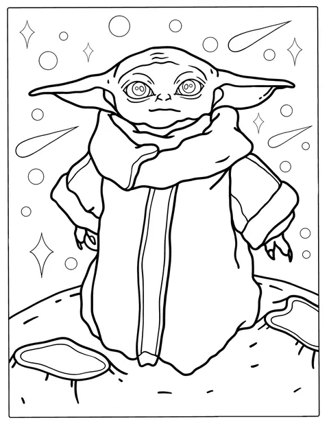 Baby Yoda sedí a zvědavě hledí před sebe.