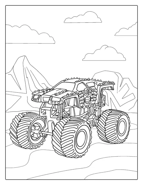 A Max-D monster truck hatalmas kerekein áll.