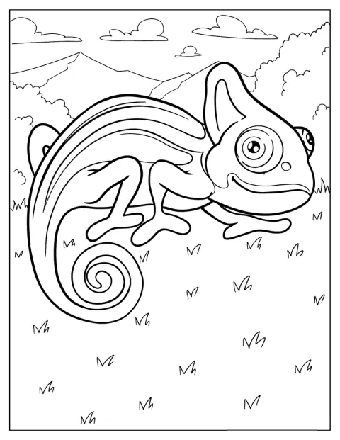 Over het gras kruipt een vrolijke cartoonkameleon.