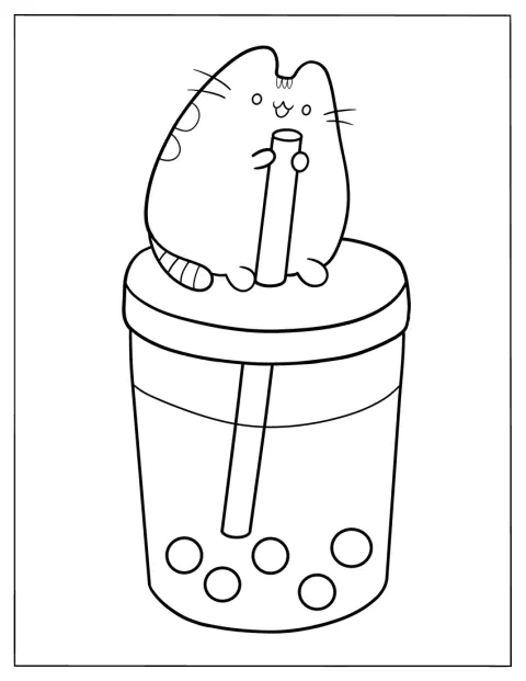Kočička Pusheen usrkává bubble tea z kelímku s víčkem.